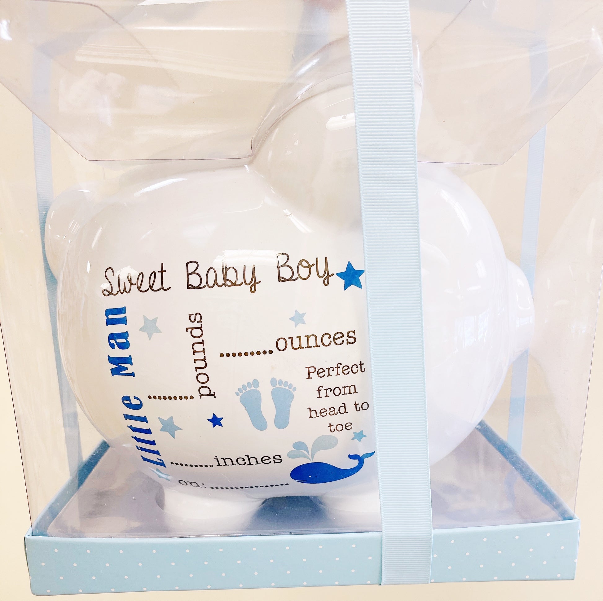 Ceramic piggy bank with rubber plug and silver pen Blue Announcement - Hello Kids Baby Store